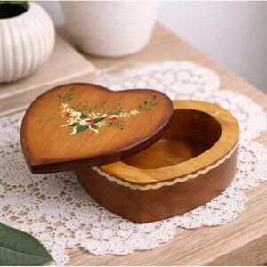 Vintage Handcrafted Heart-Shaped Wooden Trinket Box With Handpainted Floral Desi